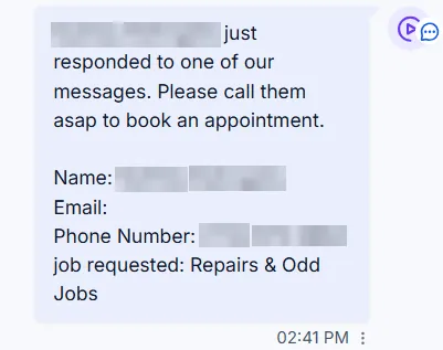 Notification at 2:41 PM: a lead responded and wants to book repairs and odd jobs