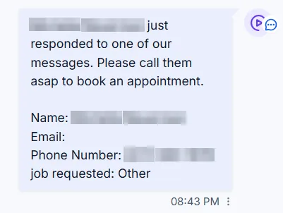 Notification at 8:43 PM: a lead responded and wants to book an appointment